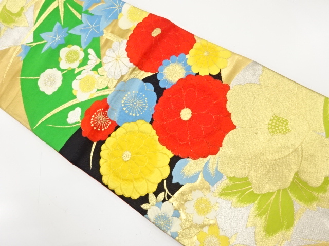 アンティーク　地紙に菊・桜・梅模様織り出し袋帯（着用可）